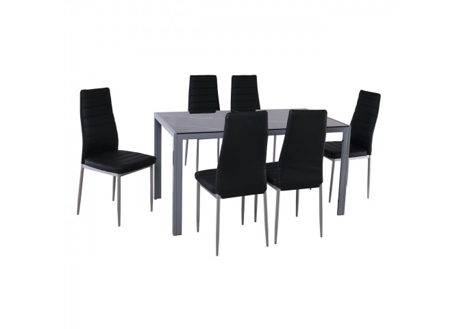 JETTA-DEGO Set (Table 140x80+6 Chair) Metal Grey/Glass Black Marble/PVC Black
