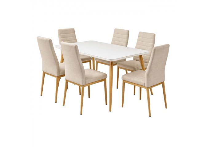 JETTA-UNION Set (Table 130x80+6 Chair) Glass MilkyWhite/Natural Paint/Beige Fabr