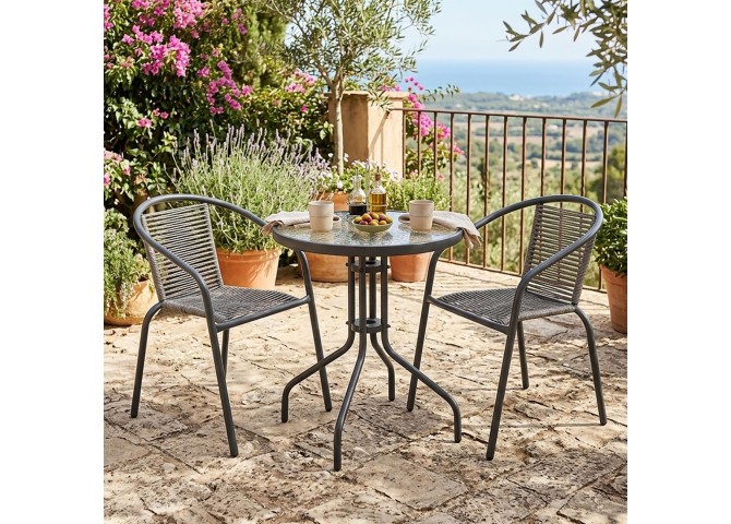 MIKA Set (Table D.60cm+2 Armchairs) Metal Anthracite/PE Rattan Grey