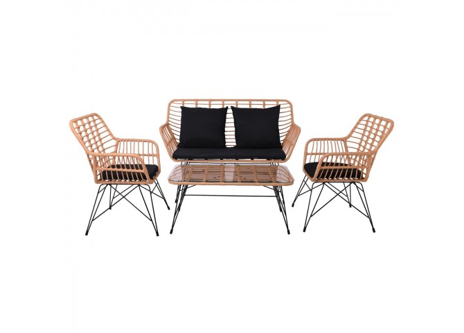 SALSA Set Σαλόνι Κήπου Μεταλ. Μαύρο, Wicker Φυσικό: Τραπέζι + Καναπέ 2Θέσιο + 2 Πολυθρόνες
