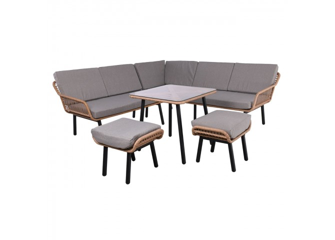 SALSA CORNER Set(Tab.70x70+Corner Sofa+2Stools)Metal/Wicker Natural/Cushion Grey
